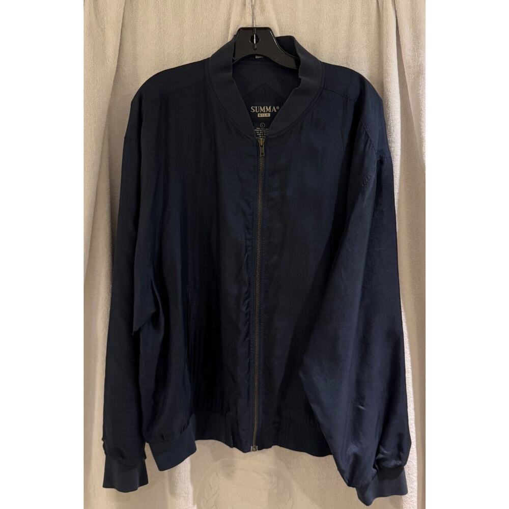 Summa 100% Silk Men's Lt Weight Full Zip Bomber Jacket Navy Medium